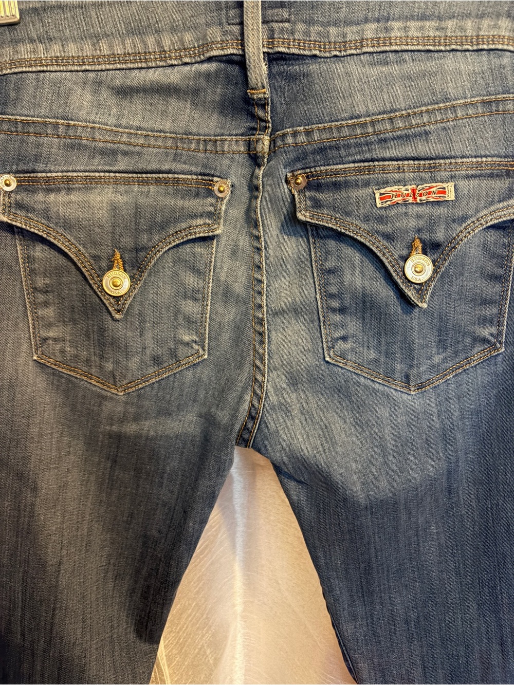 Hudson Jeans Women's Boot Cut Jeans in Medium Blue Denim with Gold Accents